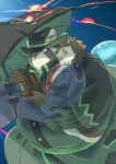 anthro blush brown_body brown_fur canid canine canis clothing coat dog_operator domestic_dog duo fur hat headgear headwear hi_res kusarikakemono lifewonders live_a_hero male male/male mammal necktie overweight protagonist_(live_a_hero) protecting raccoon_dog romantic romantic_couple shoen spy tanuki topwear trenchcoat umbrella