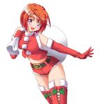  ahoge bare_shoulders blush christmas denim denim_shorts elbow_gloves gloves hood hoodie matatabi_(2ccp) midriff my-hime my-otome open_clothes open_hoodie orange_hair outstretched_arm purple_eyes red_gloves sack santa_costume short_hair shorts simple_background solo thighhighs tokiha_mai 