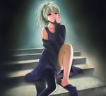  darker_than_black dress long_hair ponytail purple_eyes silver_hair sitting stairs thighhighs toshi_hiroshi yin 