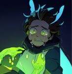  2boys antennae beard_stubble commentary crying drawstring english_commentary facial_hair glowing highres hood hoodie male_focus minecraft_youtube monster_boy multiple_boys origins_smp shaking short_hair simple_background sleepy_cheeky slime_boy slimecicle sneegsnag solo_focus stubble wide-eyed 