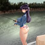  1girl absurdres ass black_hair fishing fishing_rod gausscannon highres komi-san_wa_komyushou_desu komi_shouko long_hair standing thighs tress water 