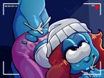 absurd_res anthro athletic_wear bodily_fluids chszan_chan cum double_penetration fellatio female from_behind_position gangbang genital_fluids group group_sex hair hi_res male male/female oral penetration penile red_hair scobionicle99 sex smurf spitroast the_smurfs trio twurf