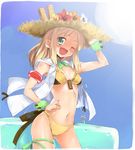 bikini blonde_hair caloriemate copyright_request cowboy_shot day flower green_eyes hand_on_headwear hat hibiscus one_eye_closed solo straw_hat swimsuit u_(the_unko) 
