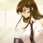  blue-framed_eyewear breasts brown_eyes brown_hair glasses hairu huge_breasts long_hair necktie osakabe_itoko school_rumble sleeveless solo 