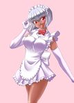  1girl blush breasts dark_skin hanaukyo_maid_team hanaukyou_maid_tai happy hirorin large_breasts looking_at_viewer maid open_mouth pink_background red_eyes sanae_yashima short_dress silver_hair simple_background smile solo 