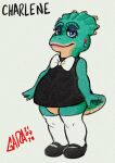 anthro blue_eyes bow_tie ceratopsian charlene_sinclair clothing dinosaur dinosaurs_(series) dress eyeshadow female footwear garabatoz green_body horn legwear lipstick makeup ornithischian prehistoric_species protoceratops reptile scalie shoes solo tail thigh_highs