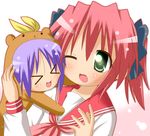  &gt;_&lt; :3 animal_costume bear_costume bear_tsukasa capybara-san chibi closed_eyes green_eyes hair_ribbon hiiragi_tsukasa hug kobayakawa_yutaka lucky_star minami_(colorful_palette) multiple_girls one_eye_closed open_mouth pink_neckwear purple_hair red_hair ribbon ryouou_school_uniform school_uniform serafuku short_hair simple_background x3 