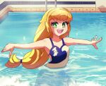  1girl blonde_hair fire_emblem fire_emblem:_three_houses green_eyes hoshinokotta ingrid_brandl_galatea long_hair multicolored_swimsuit outstretched_arms partially_submerged pool pool_ladder smile splashing swimming swimsuit synchronized_swimming water 