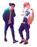  2boys alternate_costume arm_up blue_hair blue_jacket blue_pants brown_footwear chuwenjie collared_jacket commentary cross-laced_footwear english_commentary fashion felix_hugo_fraldarius fire_emblem fire_emblem:_three_houses full_body hair_bun hand_in_pocket highres hood hooded_jacket jacket looking_to_the_side male_focus multiple_boys pants red_hair shirt sideways_glance simple_background single_hair_bun smile striped_clothes striped_pants striped_shirt sylvain_jose_gautier vertical-striped_clothes vertical-striped_pants white_background white_jacket 