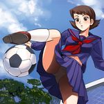  akakichi_no_eleven asuka_ryouko ball blue_serafuku blue_shirt blue_skirt blush brown_eyes brown_footwear brown_hair cloud cloudy_sky haruyama_kazunori high_kick kicking legs loafers lowres navel neckerchief panties pantyshot pantyshot_(kicking) parted_lips playing_sports pleated_skirt red_neckwear school_uniform serafuku shirt shoes skirt sky soccer soccer_ball solo sport telstar tree underwear white_panties 