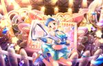  1girl :d artist_request blonde_hair blue_footwear blue_gloves blue_shirt blue_skirt blush bottle_opener confetti earrings elbow_gloves eyelashes gloves holding idolmaster idolmaster_cinderella_girls jacket jewelry midriff navel official_art open_mouth orange_eyes partially_unzipped pixie_cut senzaki_ema shirt shoes short_hair skirt smile solo sparkle stage_lights star_(symbol) third-party_source very_short_hair visor_cap white_jacket 