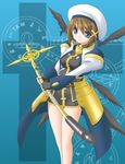  blue_eyes brown_hair fingerless_gloves gloves hair_ornament hat lyrical_nanoha magic_circle magical_girl mahou_shoujo_lyrical_nanoha_strikers schwertkreuz solo staff t2r waist_cape wings x_hair_ornament yagami_hayate 