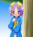  blue_eyes blush hair_ribbon hiiragi_tsukasa lucky_star minami_(colorful_palette) purple_hair ribbon school_uniform serafuku short_hair solo 