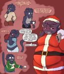 absurd_res angry anthro bell belly belt beverage big_belly big_breasts black_body black_fur black_hair blush blush_lines bodily_fluids bottomwear breasts carameltsi christmas christmas_clothing christmas_headwear clairen_(rivals_of_aether) clothing cookie costume cross-popping_vein dialogue drinking felid feline female flat_colors food fur hair hand_on_hip hat headgear headwear hi_res holidays holly_(plant) leggings legwear leopard looking_at_viewer looking_away mammal messy_hair milk nervous nervous_smile pantherine plant red_eyes rivals_of_aether round_ears santa_costume santa_hat sequence shaded shirt shocked shorts smile solo speech_bubble sweat sweatdrop sweater tail tank_top thin_tail topwear weight_gain