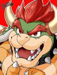  1boy armlet artist_name balo_dqx_ff14 bara bowser claws collar commentary_request fangs furry furry_male highres horns jewelry looking_at_viewer male_focus mario_(series) open_mouth red_background red_eyes red_hair signature smile spiked_armlet spiked_collar spiked_shell spikes 