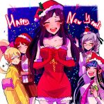  5girls :&gt; :d alternate_costume arm_up bandaid bandaid_on_face bare_shoulders black_hair black_nails black_ribbon blonde_hair blue_hair blunt_bangs blush blush_stickers bow braid breasts brown_jacket brown_skirt cake cake_slice cleavage clenched_hands closed_eyes closed_mouth collared_shirt commentary confetti cup danganronpa_(series) danganronpa_3_(anime) dress drink ear_piercing elbow_gloves english_commentary english_text eyelashes fangs food freckles fruit glasses gloves grey_hair hair_bow hair_ribbon happy_new_year hat hat_ornament highres holding holding_cup holding_drink holding_party_popper holding_plate holly holly_hat_ornament huyandere jacket japanese_clothes kimono koizumi_mahiru long_hair mioda_ibuki mole mole_under_eye mouth_piercing multicolored_hair multiple_girls nail_polish neck_ribbon necktie obi open_clothes open_jacket open_mouth party_popper pekoyama_peko piercing pink_bow pink_hair pink_necktie pink_sash plate ponytail pout purple_hair red_dress red_gloves red_hair red_hat red_ribbon ribbon saionji_hiyoko santa_costume santa_dress santa_gloves santa_hat sash school_uniform shirt short_hair skirt smile squiggle standing strawberry sweat tearing_up teeth tsumiki_mikan twin_braids upper_teeth_only v-shaped_eyebrows very_short_hair white_hair white_shirt yellow_kimono 