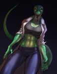 2025 abs anthro belly big_breasts bottomwear breasts clothing coat collarbone crop_top crossgender female glistening glistening_belly glistening_body glowing glowing_eyes green_body green_scales hi_res lab_coat lizard marvel mtf_crossgender navel pants reptile scales scalie shirt solo spacemaxmarine the_lizard_(marvel) tongue tongue_out topwear yellow_eyes