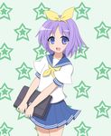  blue_skirt bluepony hairband hiiragi_tsukasa lucky_star pleated_skirt purple_eyes purple_hair ryouou_school_uniform school_uniform serafuku short_hair skirt smile solo star starry_background yellow_hairband yellow_neckwear 