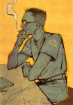  1boy arm_hair book cigarette disco_elysium green446004 highres kim_kitsuragi shirt short_hair short_sleeves sitting sketch smoking solo sunglasses yellow_background yellow_theme 