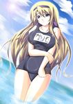  blonde_hair blue_eyes carim_gracia cloud day embarrassed hairband kuronezumi lens_flare long_hair lyrical_nanoha mahou_shoujo_lyrical_nanoha_strikers name_tag one-piece_swimsuit school_swimsuit sky solo swimsuit water 