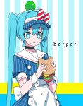  1girl apron blue_dress blue_hair bow bright_pupils burger channel_(caststation) cheese dress eating fast_food food food_bite hatsune_miku highres holding holding_burger holding_food lettuce long_hair mesmerizer_(vocaloid) pinstripe_dress pinstripe_hat pinstripe_pattern sesame_seeds shirt short_sleeves smile solo striped_clothes striped_shirt tomato tomato_slice twintails visor_cap white_apron white_pupils 