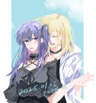  2girls black_choker black_shirt blonde_hair blush choker closed_eyes commentary_request dated frilled_choker frills hair_ribbon highres hisashimo_art izumi_shiho jacket lower_teeth_only medium_hair mizuguchi_aki multiple_girls off-shoulder_shirt off_shoulder one_side_up open_mouth purple_eyes purple_hair ribbon sasayaku_you_ni_koi_wo_utau shirt signature teeth white_jacket 