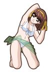  1girl bikini brown_hair hairband kneeling looking_at_viewer navel ooba_kou simple_background solo suzumiya_haruhi suzumiya_haruhi_no_yuuutsu swimsuit 
