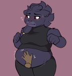 anthro belly belly_slap big_belly black_body black_fur black_hair blush blush_lines bodily_fluids bottomwear breasts carameltsi clairen_(rivals_of_aether) clothed clothing clothing_lift disembodied_hand embarrassed felid feline female flat_colors frown fur hair hi_res leopard looking_away mammal messy_hair overweight overweight_anthro overweight_female pantherine pants ponytail red_eyes rivals_of_aether round_ears shaded shirt shirt_lift simple_background slap solo sound_effects stretch_marks sweat sweatdrop topwear