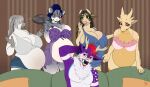 2024 2_horns 4_horns 5_fingers aleksandra_cummings angry anthro antlers areola_outline artist_logo bangs belly bent_arm big_belly big_breasts black_eyebrows blue_bottomwear blue_clothing blue_hair blue_markings blue_one-piece_swimsuit blue_shorts blush bottomwear bovid bovine bra breast_squish breasts brie_(rottendingo) brown_eyebrows brown_eyes brown_hair brown_markings brown_wall buckteeth canid canine canis cattle cheek_tuft cleavage clothed clothing colored cookware deer digital_drawing_(artwork) digital_media_(artwork) domestic_dog ear_piercing embarrassed english_description english_text eyebrow_through_hair eyebrows eyelashes eyeshadow facial_hair facial_tuft featureless_chest felicity_(gamemaster19863) female female_anthro fingers floppy_ears frying_pan fur furniture goatee green_eyes green_eyeshadow green_highlights green_lipstick green_sofa grey_body grey_clothing grey_fur grey_hair grey_shirt grey_tank_top grey_topwear group group_pregnancy hair hair_over_eyes hand_behind_head hi_res highlights_(coloring) holding_frying_pan holding_melee_weapon holding_object holding_weapon horn husky hybrid interspecies kitchen_utensils kobold lagomorph leaning leaning_forward leaning_on_sofa leporid light lighting lingerie lips lipstick logo looking_at_another makeup male male_anthro mammal markings medium_breasts melee_weapon milk-jug milky_(milk-jug) mouse multi_horn multicolored_body multicolored_fur multicolored_hair multiple_pregnancies murid murine navel neck_tuft nervous_smile nipple_outline non-mammal_breasts nordic_sled_dog on_sofa one-piece_swimsuit outie_navel pecs piercing pink_bra pink_clothing pink_facial_hair pink_goatee pink_hair pink_nose pink_tongue pink_underwear pockets pregnant pregnant_anthro pregnant_female purple_body purple_clothing purple_fur purple_shirt purple_spots purple_topwear rabbit rodent rush_deersky scales scalie shaded shirt short_hair shorts sitting sitting_on_sofa smile smiling_at_another sofa spitz spots spotted_body spotted_fur squish standing swimwear tan_antlers tan_body tan_fur tank_top teeth text thick_bottom_lip thick_thighs tongue tools topwear translucent translucent_clothing translucent_hair translucent_one-piece_swimsuit translucent_swimwear tuft two_tone_body two_tone_fur two_tone_hair underwear wall_(structure) weapon whisker_spots white_body white_fur white_horn white_spots worried yellow_body yellow_lips yellow_scales