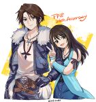  1boy 1girl anniversary arm_hug arm_ribbon bare_shoulders belt black_hair black_jacket blue_cardigan blue_skirt brown_eyes brown_hair cardigan closed_mouth commentary_request couple final_fantasy final_fantasy_viii fur-trimmed_jacket fur_trim hand_on_own_hip height_difference holding_another&#039;s_arm jacket jewelry long_hair long_sleeves looking_at_viewer medu_(rubish) necklace open_clothes open_jacket open_mouth ribbon rinoa_heartilly scar scar_on_face scar_on_forehead shirt short_hair skirt sleeveless smile squall_leonhart upper_body v white_shirt 
