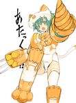  :o animal_ears animal_print armor blush busou_shinki cat_ears cat_print cat_tail claws drill fang fighting_stance green_eyes green_hair headgear jumping leotard looking_at_viewer maochao mecha_musume open_mouth paws satou_atsuki short_hair shouting simple_background sketch solo tail thighhighs translation_request v-shaped_eyebrows weapon white_background white_legwear 