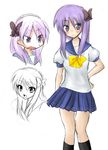  arm_at_side bow bowtie hand_on_hip hiiragi_kagami lucky_star masayu multiple_views pleated_skirt purple_hair ryouou_school_uniform sailor_collar school_uniform serafuku simple_background skirt standing white_background yellow_bow yellow_neckwear 