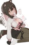  1boy 1girl animal_ears arknights black_gloves black_hair black_shorts breasts closed_mouth cum cum_on_body cum_on_breasts gloves hair_between_eyes heart hetero highres large_breasts long_hair long_sleeves looking_at_viewer nipples penis_to_breast raccoon_ears raccoon_girl raccoon_tail robin_(arknights) shirt shorts simple_background sitting solo_focus speech_bubble sumiyao_(amam) tail thought_bubble translation_request white_background white_hair white_shirt yellow_eyes 