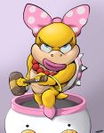 2020 artist_name blue_eyes female hammer hi_res jewelry koopaling lips looking_up mario_bros nintendo pandottermon pink_lips purple_bow signature simple_background solo text thick_lips tools wendy_o._koopa