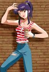  1girl alcohol beer brown_eyes denim highres jeans katsuragi_misato neon_genesis_evangelion pants ponytail purple_hair solo 