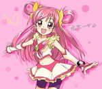  bike_shorts blush bug butterfly crop_top cure_dream detached_sleeves earrings heart insect ixy jewelry long_hair magical_girl midriff outstretched_arms pink pink_background pink_eyes pink_hair precure purple_shorts shorts shorts_under_skirt skirt solo spread_arms translation_request very_long_hair watch wristwatch yes!_precure_5 yumehara_nozomi 