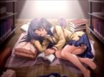  arm_support barefoot book clannad feet hair_bobbles hair_ornament hikarizaka_private_high_school_uniform ichinose_kotomi lying mutsuki_(moonknives) panties pantyshot pantyshot_(lying) purple_hair school_uniform skirt sleeping solo two_side_up underwear 