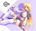  alternate_costume armor between_breasts blonde_hair breasts green_eyes gunner-l huge_breasts legs long_hair long_legs pauldrons sideboob smile solo sophitia_alexandra soulcalibur strap sword thighhighs thighs weapon white_legwear 