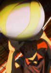  1boy ball black_hair black_shirt collared_shirt commentary_request dot_nose haikyuu!! hair_between_eyes highres kageyama_tobio karasuno_volleyball_uniform lower_teeth_only male_focus open_mouth playing_sports shirt short_hair short_sleeves solo sportswear sweat teeth volleyball volleyball_(object) volleyball_court volleyball_net volleyball_uniform wing_collar yexuan825 
