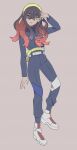  1girl black_hair blue_gakuran blue_jacket blueberry_academy_school_uniform carmine_(pokemon) colored_inner_hair crossed_bangs fanny_pack full_body hair_between_eyes hairband highres jacket long_hair long_sleeves looking_at_viewer mole mole_under_eye multicolored_hair oniwa orange_background pokemon pokemon_sv red_hair school_uniform shoes simple_background solo standing two-tone_hair white_shoes yellow_bag yellow_eyes yellow_hairband 