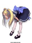  artist_name back_bow bent_over between_legs black_footwear blonde_hair blue_dress blue_eyes bow dress finger_to_mouth full_body hair_ribbon hand_between_legs long_hair mary_janes original pantyhose ribbon ryu_(ryu's_former_site) shoes short_sleeves solo twintails white_legwear 