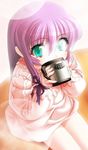  al_azif bottomless child cup demonbane drinking green_eyes long_hair nishii_(nitroplus) purple_hair ribbon sitting solo 