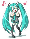  eighth_note green_eyes green_hair hatsune_miku long_hair lowres mikagami_sou musical_note necktie one_eye_closed open_mouth quarter_note simple_background solo thighhighs twintails very_long_hair vocaloid white_background 