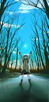  1girl \o/ arms_up bare_tree blush boots cloud coat copyright_request day forest mittens morning nature outdoors outstretched_arms scenery serious sky solo sun tree 