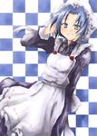  apron arm_up artist_request blush checkered checkered_background dutch_angle frills hand_in_hair long_sleeves looking_at_viewer maid maid_headdress original simple_background solo 