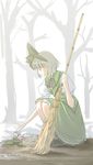  black_footwear broom flower green_skirt hairband konpaku_youmu outdoors puffy_short_sleeves puffy_sleeves shoes short_sleeves silver_hair skirt skirt_set solo squatting touhou tree vest white_legwear winter yakepu 