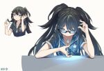  animal_collar baronilu bespectacled black_hair black_rock_shooter black_rock_shooter_(character) black_shirt blue_eyes bullet collar glasses highres holding holding_bullet long_hair shirt short_sleeves star_(symbol) star_print twintails zipper_pull_tab 