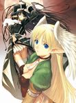  black_hair blonde_hair blue_eyes breasts brown_eyes cleavage elf elwing head_wings highres large_breasts long_hair multiple_girls pointy_ears shining_(series) shining_tears shining_wind skirt sword tanaka_takayuki thighhighs very_long_hair weapon xecty_ein 