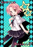  ahoge black_legwear kogami_akira lucky_star mori_keiji open_mouth pantyhose pink_hair pleated_skirt pose scarf school_uniform serafuku short_hair skirt solo yellow_eyes 