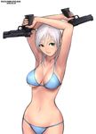  armpits arms_behind_head arms_up bikini blue_bikini breasts cleavage curvy dual_wielding green_eyes gun handgun holding holding_gun holding_weapon large_breasts looking_at_viewer m1911 navel original pistol ryu_(ryu's_former_site) silver_hair simple_background solo swimsuit weapon white_background wide_hips 